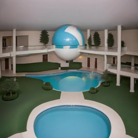 indoors, sofa, swimming pool, mezzanine floor, railings, grass, flourescent lights, water slide, stairs, (ball, sphere:1.2), trees, hedge,
<lora:Liminal_Spaces_XL:1>