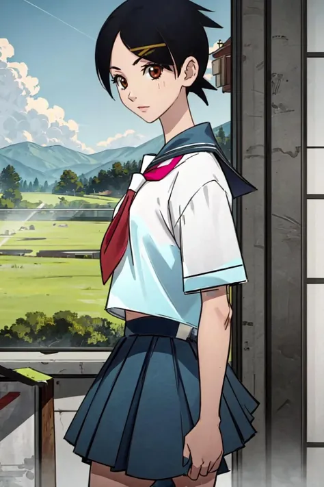 (masterpiece:1.2), ultra detailed, <lora:KafukaFuura:0.85>, KafukaFuura, school uniform, blue skirt, short sleeves, close,((plains)), countryside, beautiful sunlight, best quality, looking at the viewer