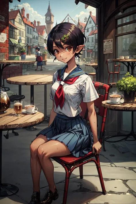(masterpiece:1.2), ultra detailed, <lora:KafukaFuura:0.6>, KafukaFuura, school uniform, blue skirt, short sleeves, black hair, ((monster girl, dryad, town, nypmh)), sweat, colored skin, bark skin, fantastic world, ((medieval town)), (sitting), ((chair)), smile, (((cafe))), <lora:Adddetail:0.8>