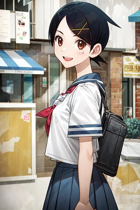 (masterpiece:1.2), ultra detailed, <lora:KafukaFuura:0.8>, KafukaFuura, school uniform, blue skirt, short sleeves, street, shops, bag, big smile, best quality, looking at the viewer, <lora:Adddetail:0.6>, looking at the viewer
