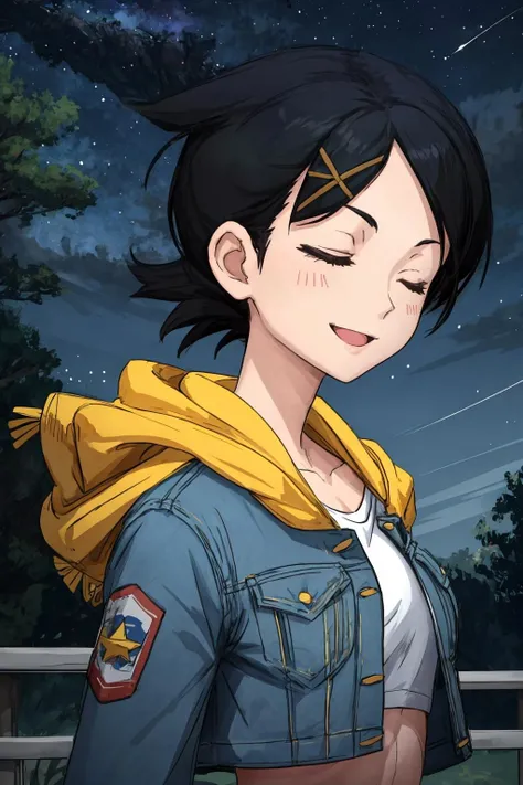 masterpiece, best quality, 1girl, solo, <lora:KafukaFuura:0.7>KafukaFuura, denim jacket, black pants, crop top, closed eyes, smiling, in a park, outdoors, wind, night sky, starry sky, upper body, portrait, <lora:more_details:0.3>