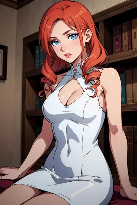 1girl, masterpiece, best quality, house, cowboy shot, sitting, front, a photo of a beautiful woman, (skinny:1.1), big eyes, (ginger:1.1) hair, drill hair hairstyle, medium breasts, wldress, <lora:wetlookdressv1:1>