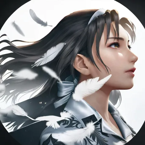 masterpiece, best quality, very aesthetic, absurdres, jun kazama, portrait, double exposure, bird, from side, silhouette, floating hair, feathers, sad, long hair,  <lora:tekken_jun_kazama_animagineXLV31:0.8> <lora:silhouette_xl:0.6>, masterpiece, best quality,