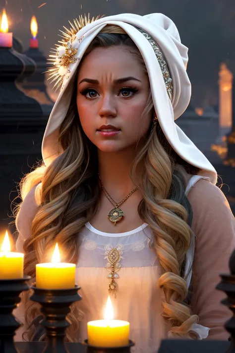 brecbella-700-1100, geo2099 style, dramatic close-up scene of a sorceress, very beautiful and elegant, very vain, with long gray hair, with a turban on her head,a somber look, and a slight smile, doing magic with candles inside a cemetery, intriguing image, with effects and lighting, sharp focus, emitting diodes, smoke, artillery, sparks