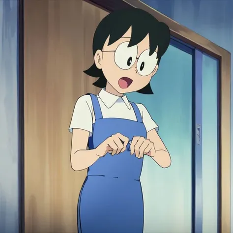 solo,1girl,round eyewear,black_eyes,apron,style parody,parody,retro artstyle,
<lora:Tamako_v2:1>,