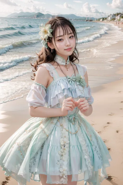 (realistic:1.3), finely detailed, quality, rembrandt lighting, (masterpiece:1.2), (photorealistic:1.2), (best quality), (detailed skin:1.3), (intricate details), dramatic, ray tracing, 1girl, japanese girl, 21 years old, detailed skin texture, (blush:0.5), (goosebumps:0.5), subsurface scattering, smiling, medium breasts, long hair curls, bangs, hair between eyes, hair flower, hair ornament, collar, ribbon, bow, green dress, short dress, lace, frills, yzj \(manaka nemu\), cowboy shot, (from front:1.2), (bright sunny day, beach, seaside, sky), <lora:Dress No.18 V3 yzj:1>