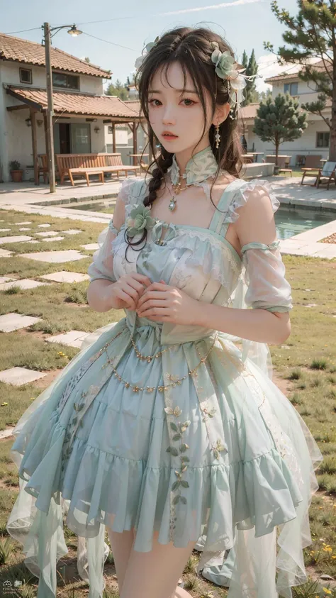 best quality, ultra high res, (photorealistic:1.4), masterpiece, highres, original, extremely detailed wallpaper, 
lawn, sky, 
1girl, solo, yzj \(manaka nemu\), green dress, 
palm-fist tap, <lora:è´é¢neg4all_bdsqlsz:0.8>,