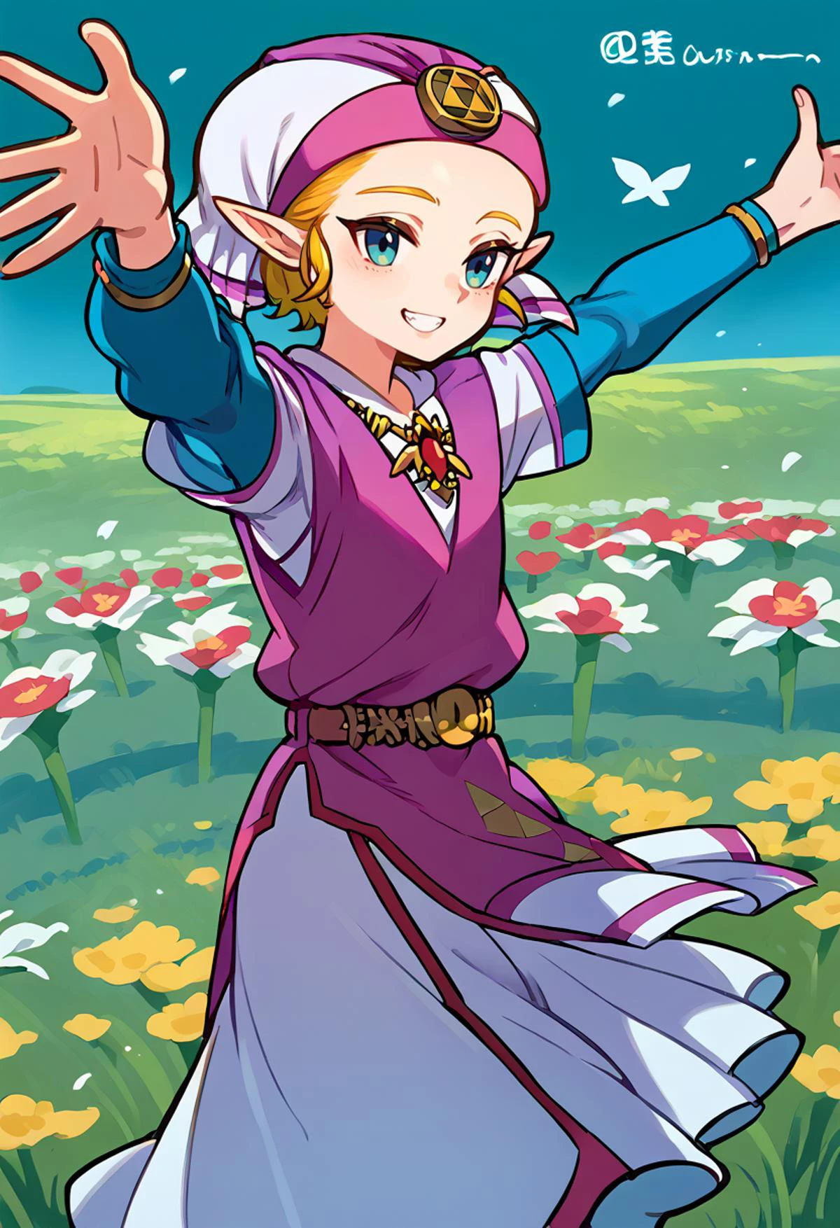 solo, <lora:ootyoungzelda:1> ootyoungzelda, <lora:kuroboshi_kouhaku_PonyXL_style_v01:1>, flower field, smile, outstretched arms,, score_9, score_8_up, score_7_up, source_anime,