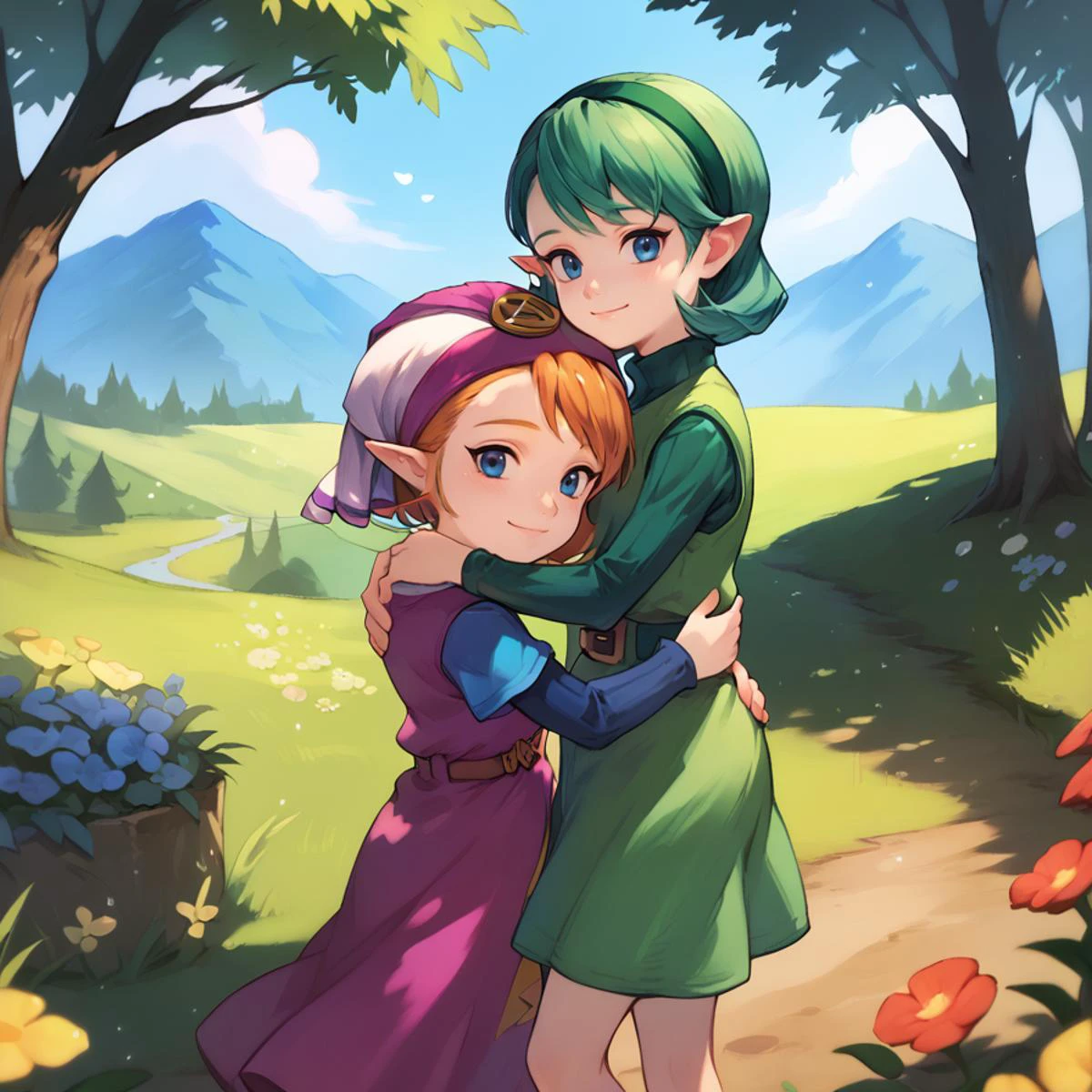 score_9, score_8_up, score_7_up, score_6_up, score_5_up, source anime, 2girls, hugging, realistic background, outdoors, forest, deku tree, courtyard, flowers, <lora:Granblue_Fantasy_Style_XLv4:0.6>
2girls, <lora:saria-v4_pdxl:0.9> , saria, sweater, turtleneck, ribbed sweater, belt, small breasts, green hair, smile, looking at viewer, young girl, hugging,
2girls, <lora:ootyoungzelda:0.9> , (ootyoungzelda), young girl, flat chest, dress, smile, looking at viewer, hugging,