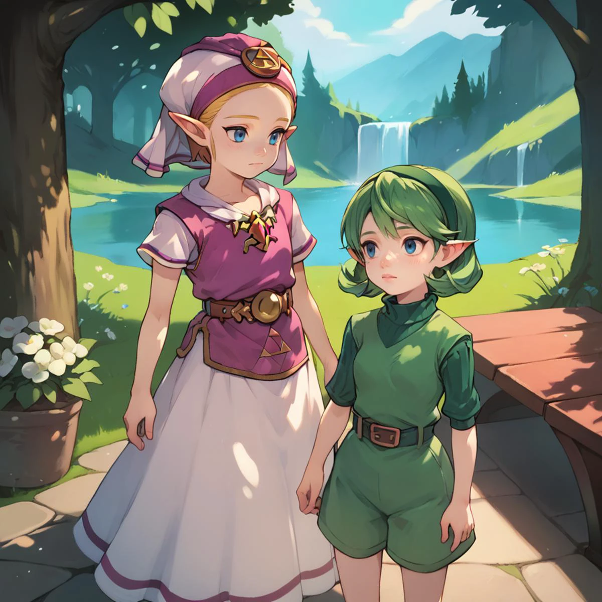 score_9, score_8_up, score_7_up, score_6_up, score_5_up, source anime, 2girls, side by side, realistic background, outdoors, forest, deku tree, courtyard, flowers, <lora:Granblue_Fantasy_Style_XLv4:0.6>
2girls, <lora:saria-v4_pdxl:0.8> , saria, sweater, turtleneck, ribbed sweater, belt, small breasts, green hair,
realistic background,
2girls, <lora:ootyoungzelda:0.8> , (ootyoungzelda), young girl, flat chest, dress,