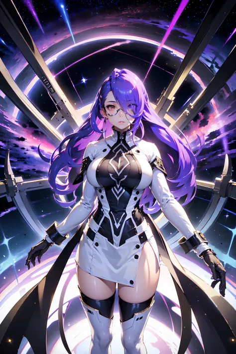 <lora:Veres_Interstellar_council2:0.8>, Veres_Interstellar_council, 1girl, solo, long hair, breasts, large breasts, thighhighs, white thighhighs, yellow eyes, lips, makeup, lipstick, ((glasses)), purple hair, hair over one eye, boots, thigh boots, shoes, high heels, science fiction, star (sky), space, interstellar, indoors, cup, chair, table, scenery, plate, tiles, tile floor, sink, restaurant, ceiling light, night, lantern, wooden floor, potted plant, lamp, architecture, east asian architecture, fish, goldfish