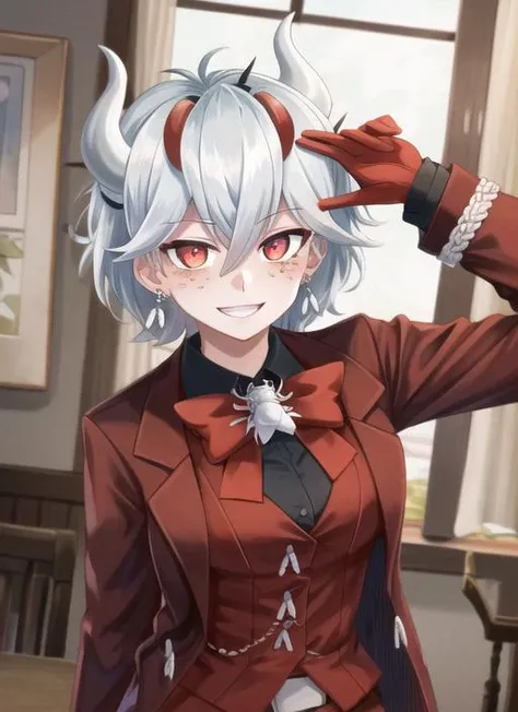 ((best quality)), ((highly detailed)), masterpiece, (detailed eyes, deep eyes), (1girl), upper body, <lora:beelzebub:1>, beelzebub(helltaker), short hair, white hair, hair between eyes, red eyes, demon horns, white horns, ((freckles)), smile, business suit, red jacket, waistcoat, red bowtie, vest, black collared shirt, earrings, red gloves, belt, red pants