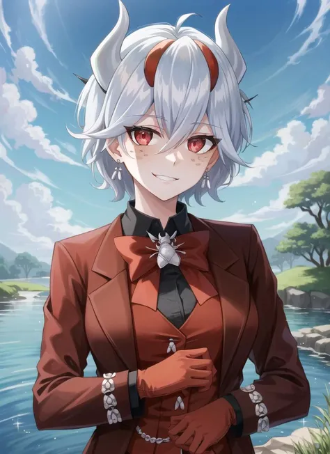 ((best quality)), ((highly detailed)), masterpiece, detailed face, beautiful face, (detailed eyes, deep eyes), (1girl), upper body, <lora:beelzebub:.9>, beelzebub(helltaker), short hair, white hair, hair between eyes, (red eyes), demon horns, white horns, black tail, ((freckles)), large breasts, smirk, business suit, red jacket, waistcoat, red bowtie, vest, black collared shirt, earrings, red gloves, red pants, (at a pond)