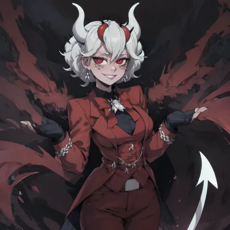 <lora:beelzebub:1> beelzebub(helltaker), demon horns, horns, 1girl, demon girl, white hair, short hair, red eyes, solo, white horns, looking at viewer, jewelry, smile, earrings, gloves, shirt, freckles, red gloves, tail, demon tail, formal, suit, bow, pants