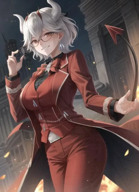 ((best quality)), ((highly detailed)), masterpiece, (detailed eyes, deep eyes), (1girl), (glasses), cowboy shot, <lora:hairdetailer:.7>, <lora:beelzebub:.9>, beelzebub(helltaker), short hair, white hair, hair between eyes, red eyes, demon horns, white horns, black tail, ((freckles)), large breasts, smirk, business suit, red jacket, waistcoat, red bowtie, vest, black collared shirt, earrings, red gloves, red pants