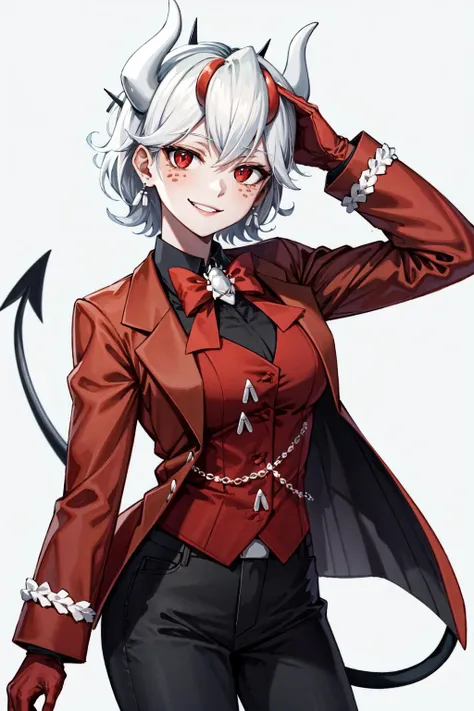 masterpiece, best quality, beelzebub(helltaker), freckles, white background, tail, 1girl, pants, suit, cropped legs, looking at viewer, red eyes, demon horns, white hair, vest, shirt, formal, waistcoat, demon tail, smile, earrings, demon girl, red gloves, gloves, jewelry, simple background, horns, white horns, solo, business suit, short hair