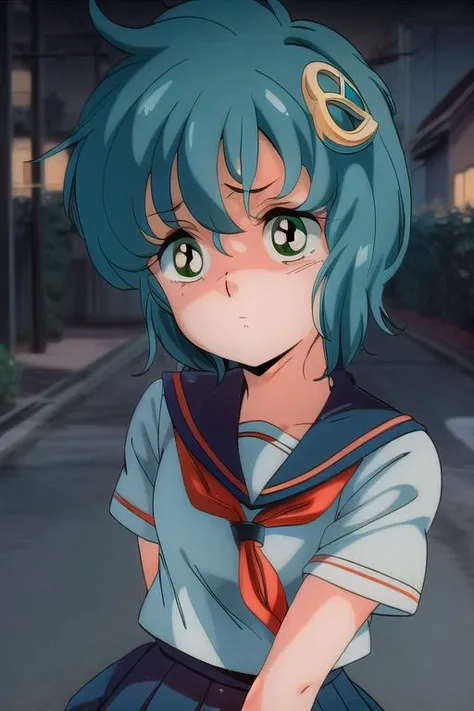 ultra-detailed,masterpiece,best quality,1girl,<lora:add_detail:1> FI1NagisaKanou,dark,night,run away,upper body,close up,street,from above, be scared,1girl,aqua hair,short hair,green eyes,hair ornament, <lora:FI1NagisaKanou001:0.8>serafuku, pleated_skirt,
