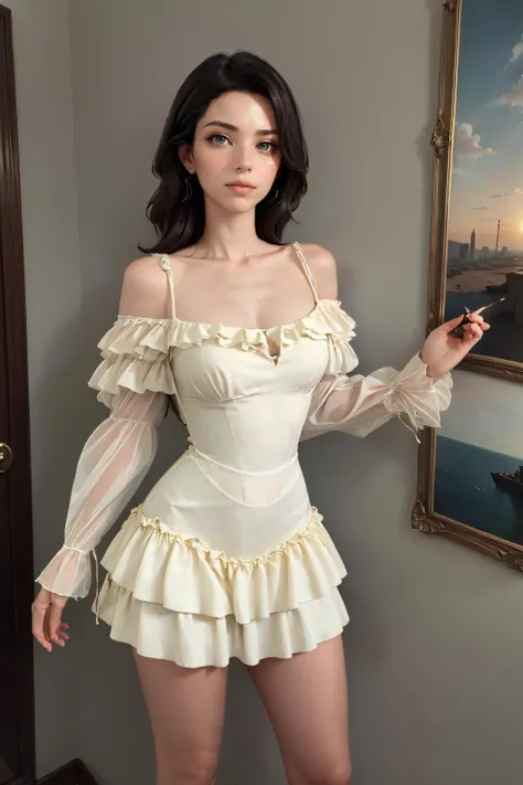 lullaby dress
off shoulder dress
frills, Ultra HD,8K, masterpiece,Top image quality,A beautiful girl,((I-type Valley)), ((Chest Window)), Flowing long hair,Stunning Hairstyle,Crystal texture,sparkling,Skin like jade,Pink dream lights,Vast space background,Sit upright,Full body display,A familiar background。