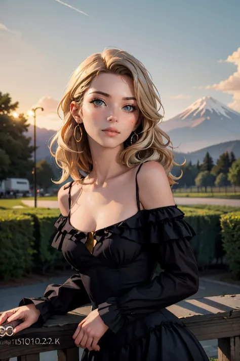 (photograph, hyperrealism, masterpiece, 8k:1.3), 1girl, Azerbaijani, bulky, nsfw, black dress, lullaby dress, off shoulder dress, frills, wavy hair blonde hair, hurt, volcano, Sunset Lighting, The warm, golden glow of a sunset, adding a romantic and enchanting feel to the scene, trending on Pixiv, concept art, shot by massimo vitali, upper body, <lora:LullabyDress_fp16:0.7>