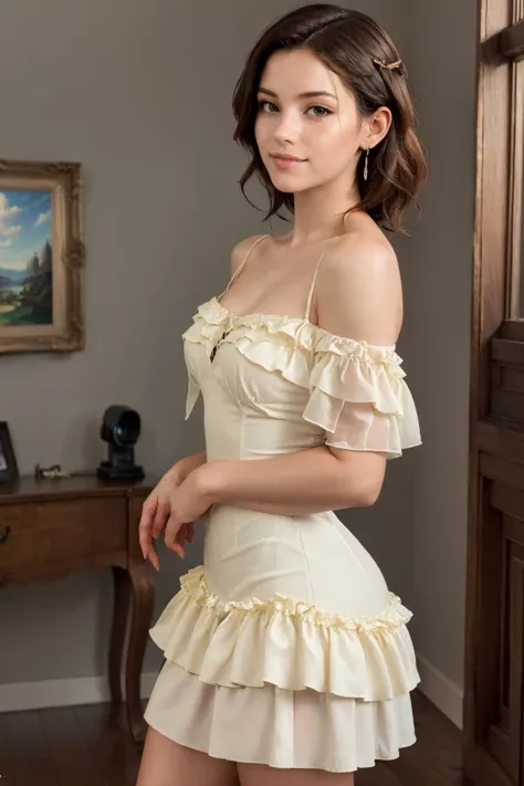 (photograph, hyperrealism, masterpiece, 8k:1.3), 1girl, Barbadian, buff, nsfw, lullaby dress, off shoulder dress, frills, medium hair hair, smile, infernal palace, Ethereal Lighting, Soft and otherworldly light, ideal for fantasy and romantic elements, trending on Pinterest, concept art, shot by robert capa, from side, <lora:LullabyDress_fp16:0.7>