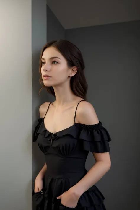 (photograph, hyperrealism, masterpiece, 8k:1.3), 1girl, Afghan, skinny, (nsfw:1.3), black dress, lullaby dress, off shoulder dress, frills, modern shag redhead hair, embarrassed, dark tunnel, Misty Lighting, Soft, misty light adding an air of mystery and enchantment to the scene, trending on Pixiv, concept art, shot by walker evans, close-up, <lora:LullabyDress_fp16:0.7>
