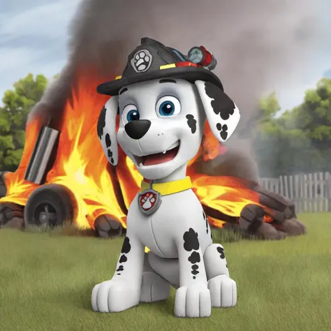 dog marshal in the fire , burning tree<lora:sdxl_lora_marshal_paw_patrol:1>