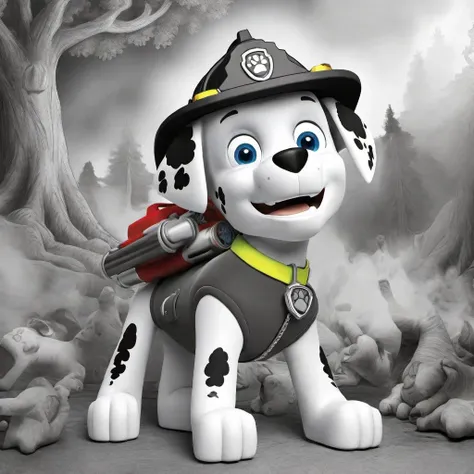 dog marshal in the fire , burning tree, (( black and white color only)),(coloring book),( sketchbook), firetruck in the background, free lines, on paper, A blend of comic book art and lineart full ,masterpiece, high-resolution,greyscale acrylic painting, low res, low resolution,<lora:sdxl_lora_marshal_paw_patrol:1>