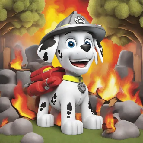 dog marshal in the fire , burning tree, coloring page, black and white color only<lora:sdxl_lora_marshal_paw_patrol:1>