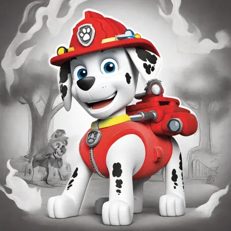 dog marshal in the fire , burning tree, coloring page, black and white color only,(coloring book),( sketchbook), firetruck in the background, free lines, on paper, A blend of comic book art and lineart full ,masterpiece, high-resolution,greyscale acrylic painting, low res, low resolution,<lora:sdxl_lora_marshal_paw_patrol:1>