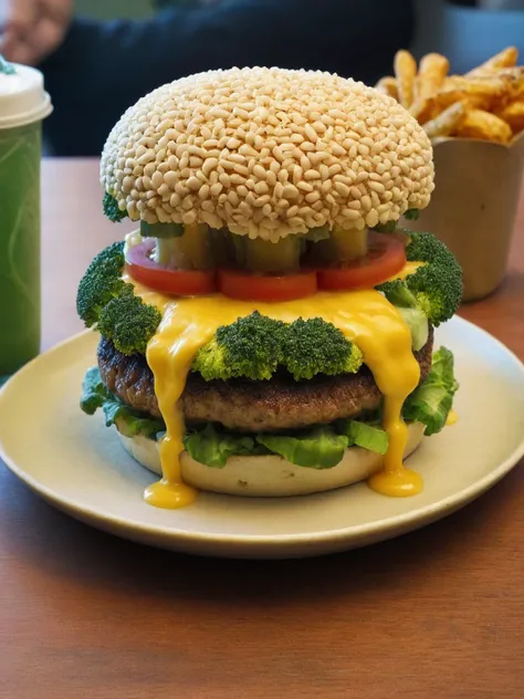 a cheeseburger made of brccl on a table in a fast food brccl restaurant <lora:brccl:1> <lora:EnvyBetterHiresFixXL01:0:hr=1>