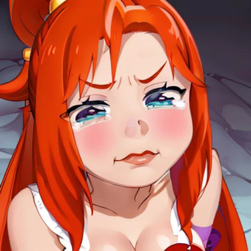 Sunset shimmer from the movie "Mlp equestria girls", by address, sad, looking at the viewer, bare breasts, annoyed, crying, on his knees in front of me, POV makes me a paizuri, POV my penis between her breasts, In a room.