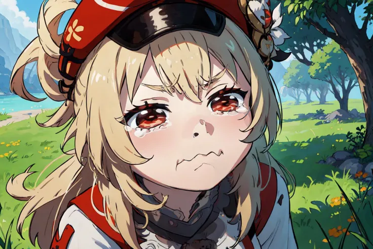 best quality, klee, genshin impact, red eyes, red beret, blonde hair, hair ring, kleedef, looking at viewer, outdoors, grass, <lora:aqua_crying_meme:0.7>, closed mouth, tears, wavy mouth, tearing up, pout, :i, meme, :t, parody, frown, v-shaped eyebrows, crying, sad, crying with eyes open, puffy cheeks, anime style <lora:genshinfull1:1>