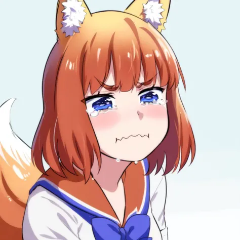 masterpiece, best quality,
bowtie, school uniform, sailor collar, 
1 girl, closed mouth, tears, wavy mouth, tearing up, pout, :i, meme, :t, parody, frown, v-shaped eyebrows, crying, sad, crying with eyes open, puffy cheeks <lora:merrytail_aqua_crying_meme_v02-05:0.7>
<lora:firefox-nvwls-v1:1>, UMU, cat ears, fox tail,, tail  breast,
