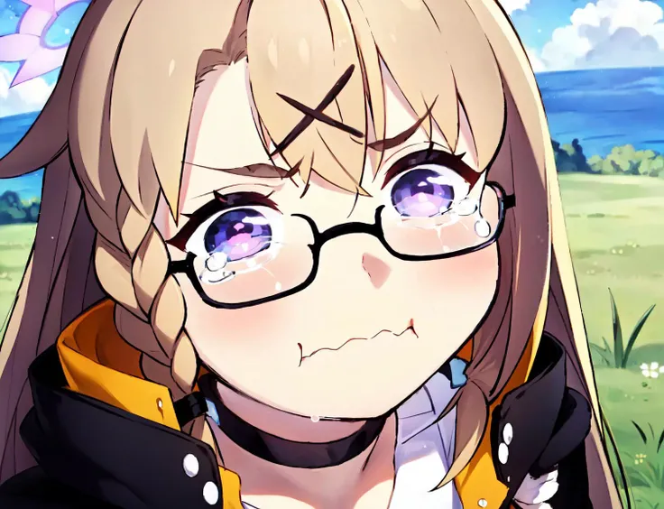 HDR,UHD,8K, best quality, masterpiece,
1 girl, closed mouth, tears, wavy mouth, tearing up, pout, :i, meme, :t, parody, frown, v-shaped eyebrows, crying, sad, crying with eyes open, puffy cheeks,
,outdoors, grass,semi-rimless eyewear, (hair clip),Beige hair,purple halo, <lora:kotamachan_20230608223518:1>,half body, <lora:aqua_crying_meme:0.6>