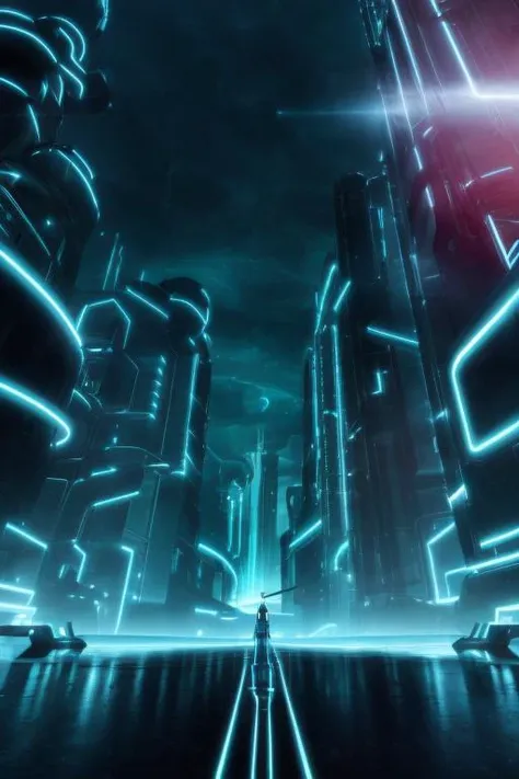 trnlgcy, science fiction, futuristic background, a girl standing in front of a future street, massive buildings, blue glowing stripes, Style-TronLegacy-12v-v2,  <lora:Quorra:0.2>,  <lora:add_detail:0.5>, <lora:epi_noiseoffset2:0.5>,