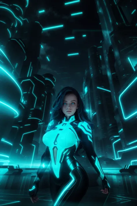 trnlgcy, science fiction, futuristic background, a girl standing in front of a future street, massive buildings, blue glowing stripes, Style-TronLegacy-12v-v2,  <lora:Quorra:0.2>,  <lora:add_detail:0.5>, <lora:epi_noiseoffset2:0.5>,