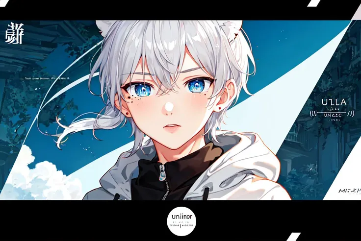 1 boy, cover, Juvenile, masterpiece, full body, ultra-detailed, Black headband on the forehead, white hair, hair strand, low ponytail, mullet, hood down, mole under eye, raised eyebrows, blue eyes, tiger ears, jitome, fang out, white hoodie, Chinese style scene, solo, cinematic lighting, UHD, super detail <lora:cover:0.8>, logo, title, Graphic Design, poster, page, test,