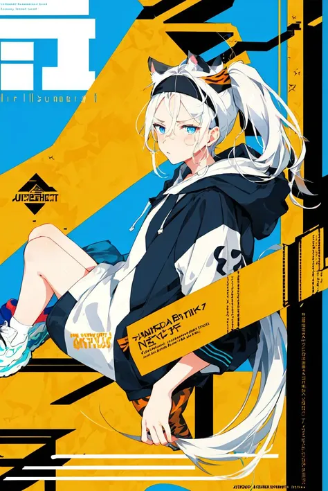 1 boy, cover, Juvenile, masterpiece, full body, ultra-detailed, Black headband on the forehead, white hair, hair strand, low ponytail, mullet, hood down, mole under eye, raised eyebrows, blue eyes, tiger ears, jitome, fang out, white hoodie, Chinese style scene, solo, cinematic lighting, UHD, super detail <lora:cover:0.6>, logo, title, Graphic Design, poster, page, test,