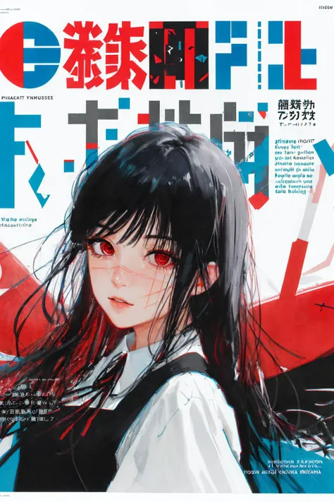 masterpiece, best quality, high quality, absurdres, <lora:yoruChainsawMan_v10:0.9>, bold color, magazine cover,  poster cover, intricate detail film grain, legible detailed large text, chromatic aberration, dramatic lighting, streets of japan, 1girl,  yoru, red eyes, pinafore dress, shirt, neck ribbon, long sleeves,close-up, cinematic, highly dramatic background,   <lora:coverPageLayout_v10:0.7> cover,