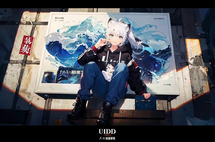1 boy, cover, Juvenile, masterpiece, full body, ultra-detailed, Black headband on the forehead, white hair, hair strand, low ponytail, mullet, hood down, mole under eye, raised eyebrows, blue eyes, tiger ears, jitome, fang out, white hoodie, Chinese style scene, solo, cinematic lighting, UHD, super detail <lora:cover:0.6>, logo, title, Graphic Design, poster, page,