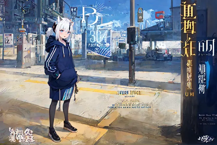 1 boy, cover, Juvenile, masterpiece, full body, ultra-detailed, Black headband on the forehead, white hair, hair strand, low ponytail, mullet, hood down, mole under eye, raised eyebrows, blue eyes, tiger ears, jitome, fang out, white hoodie, Chinese style scene, solo, cinematic lighting, UHD, super detail <lora:cover:0.6>, logo, title, Graphic Design, poster, page,