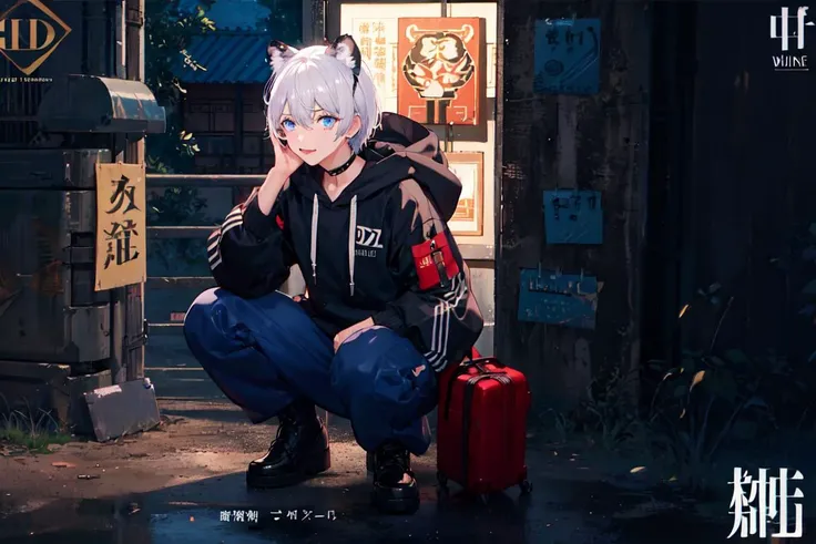 1 boy, cover, Juvenile, masterpiece, full body, ultra-detailed, Black headband on the forehead, white hair, hair strand, low ponytail, mullet, hood down, mole under eye, raised eyebrows, blue eyes, tiger ears, jitome, fang out, white hoodie, Chinese style scene, solo, cinematic lighting, UHD, super detail <lora:cover:0.6>, logo, title, Graphic Design, poster, page,