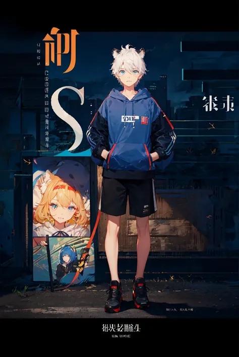 1 boy, cover, Juvenile, masterpiece, full body, ultra-detailed, Black headband on the forehead, white hair, hair strand, low ponytail, mullet, hood down, mole under eye, raised eyebrows, blue eyes, tiger ears, jitome, fang out, white hoodie, Chinese style scene, solo, cinematic lighting, UHD, super detail <lora:cover:0.6>, logo, title, Graphic Design, poster, page, test,