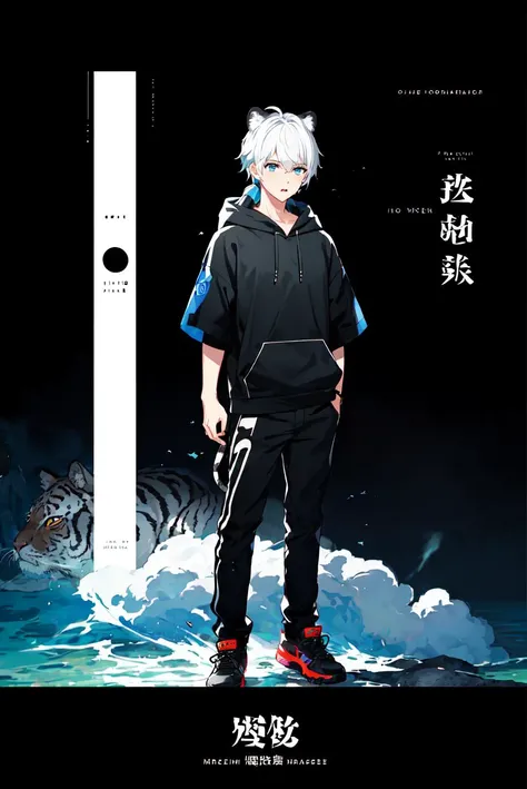 1 boy, cover, Juvenile, masterpiece, full body, ultra-detailed, Black headband on the forehead, white hair, hair strand, low ponytail, mullet, hood down, mole under eye, raised eyebrows, blue eyes, tiger ears, jitome, fang out, white hoodie, Chinese style scene, solo, cinematic lighting, UHD, super detail <lora:cover:0.6>, logo, title, Graphic Design, poster, page, test,