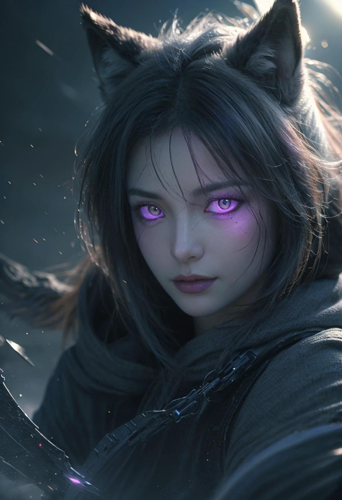 score_9, score_8_up, score_8, fantasy DOF wallpaper with purple energy elements, image of wolf mix man, wolf is wolf likely predator character who is strong protector and warrior. Black, pink, purple, blue colors. wolf eyes glow magically. Photographic Hyperrealism 4K. wolf is using scarf as wide wing. wolf is swinging to air so there are slight wing effects in background. wolfman has demonica smirk on. eyes half close, wolfman face and head is half covered with sci-fic equipments. Close look to character. Epic, war, darkness background night city. Character hands are white to open blue mix colored metal. purple energy dusts, Little motion blur on background focus on character. Cinematic lighting. Make character cool. Depth of field (DOF), volumetric lighting, close up, high details, Ultra-realistic 8k CG,masterpiece, best quality, (photorealistic:1.4), (show colors vividly:0.7), slight motion blur at background,
<lora:Pony_DetailV1.0:0.8>, <lora:casting shadow style:0.4>, <lora:CrystallineAI:0.8>, <lora:Minute_Sketch_v2:1.2>, <lora:cover:0.2>