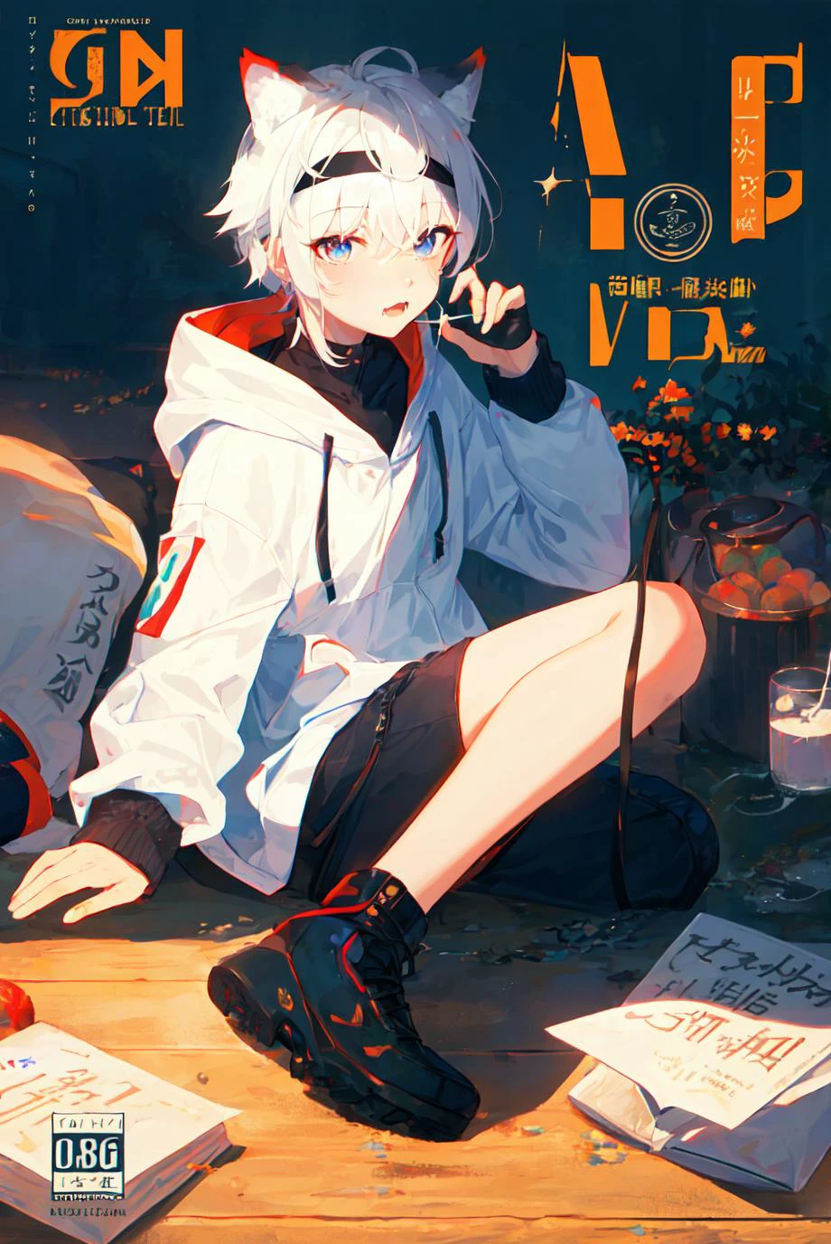 1 boy, cover, Juvenile, masterpiece, full body, ultra-detailed, Black headband on the forehead, white hair, hair strand, low ponytail, mullet, hood down, mole under eye, raised eyebrows, blue eyes, tiger ears, jitome, fang out, white hoodie, Chinese style scene, solo, cinematic lighting, UHD, super detail <lora:cover:0.6>, logo, title, Graphic Design, poster, page, test,