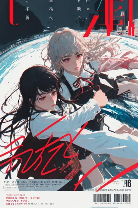 masterpiece, best quality, high quality, absurdres, <lora:yoruChainsawMan_v10:0.9>, bold color, poster cover, intricate detail film grain, legible detailed large text, chromatic aberration, dramatic lighting, streets of japan, 1girl, yoru, red eyes, pinafore dress, shirt, neck ribbon, long sleeves,close-up, cinematic, highly dramatic background, <lora:coverPageLayout_v10:0.7> cover, ((fighting:1.2))