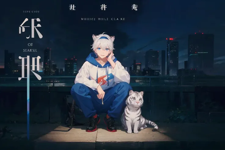 1 boy, cover, Juvenile, masterpiece, full body, ultra-detailed, Black headband on the forehead, white hair, hair strand, low ponytail, mullet, hood down, mole under eye, raised eyebrows, blue eyes, tiger ears, jitome, fang out, white hoodie, Chinese style scene, solo, cinematic lighting, UHD, super detail <lora:cover:0.6>, logo, title, Graphic Design, poster, page,