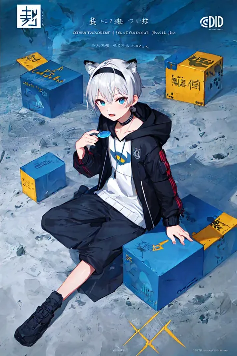 1 boy, cover, Juvenile, masterpiece, full body, ultra-detailed, Black headband on the forehead, white hair, hair strand, low ponytail, mullet, hood down, mole under eye, raised eyebrows, blue eyes, tiger ears, jitome, fang out, white hoodie, Chinese style scene, solo, cinematic lighting, UHD, super detail <lora:cover:0.6>, logo, title, Graphic Design, poster, page,