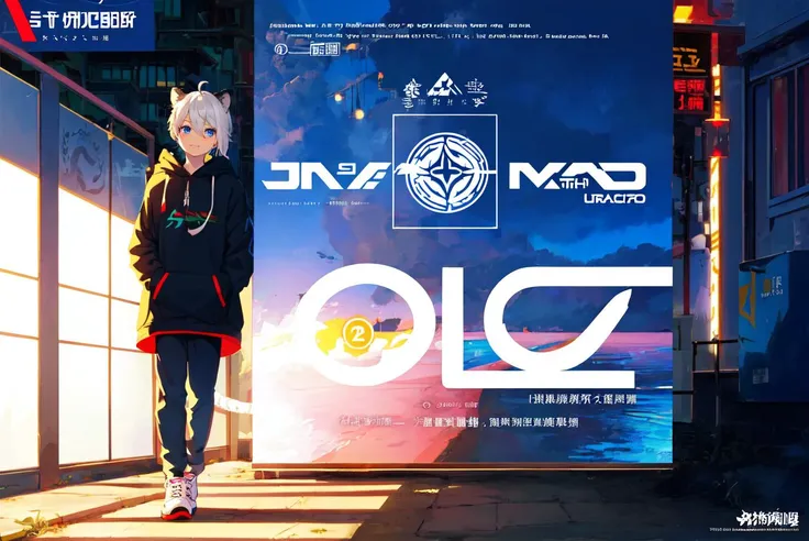1 boy, cover, Juvenile, masterpiece, full body, ultra-detailed, Black headband on the forehead, white hair, hair strand, low ponytail, mullet, hood down, mole under eye, raised eyebrows, blue eyes, tiger ears, jitome, fang out, white hoodie, Chinese style scene, solo, cinematic lighting, UHD, super detail <lora:cover:0.6>, logo, title, Graphic Design, poster, page,